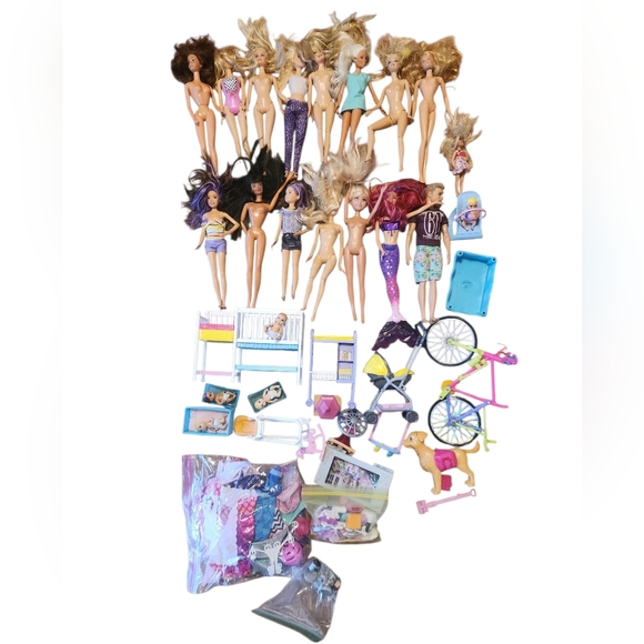 Barbie Doll Collection And Accessories 15 Dolls Bike Crib Stroller Dog Clothes - Picture 2 of 11